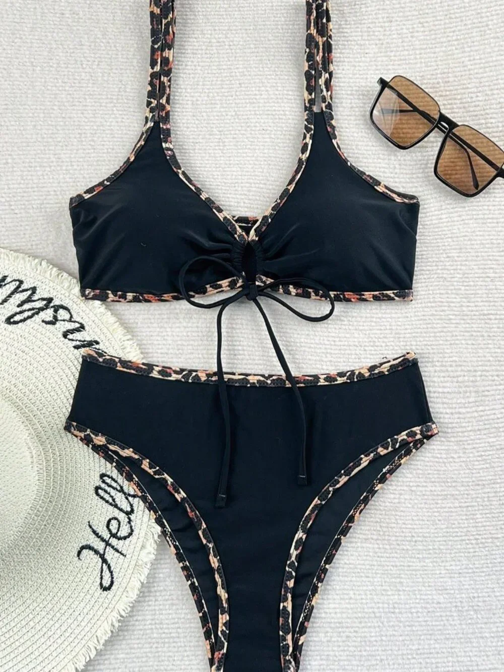 Multicolor Casual Women's leopard Print Trim Halter Front Tie Bikini Set